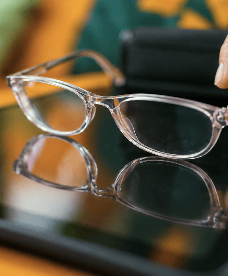 Eyeglasses resting on a printed report